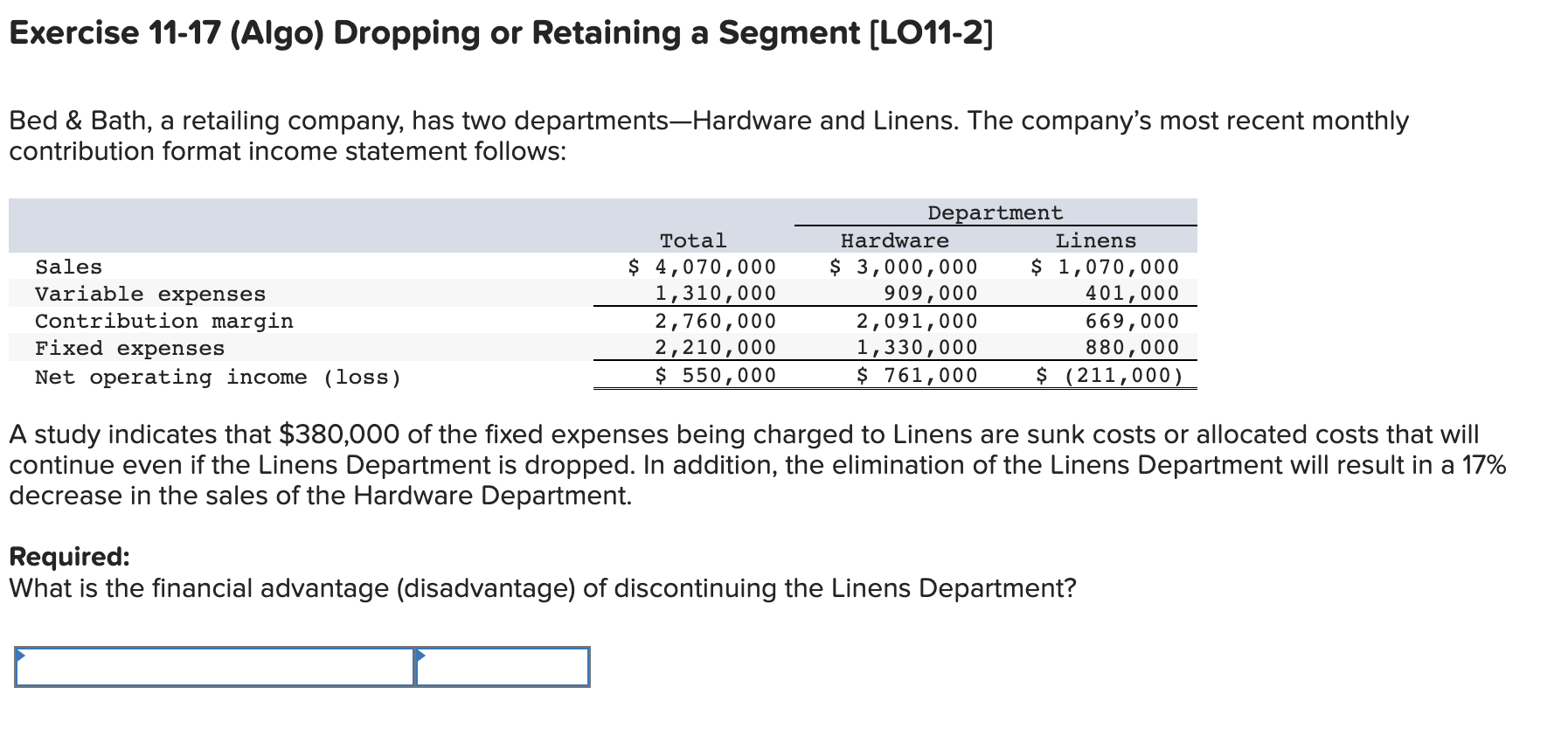  Exercise 11-17 (Algo) Dropping or Retaining a Segment [LO11-2] Bed \&