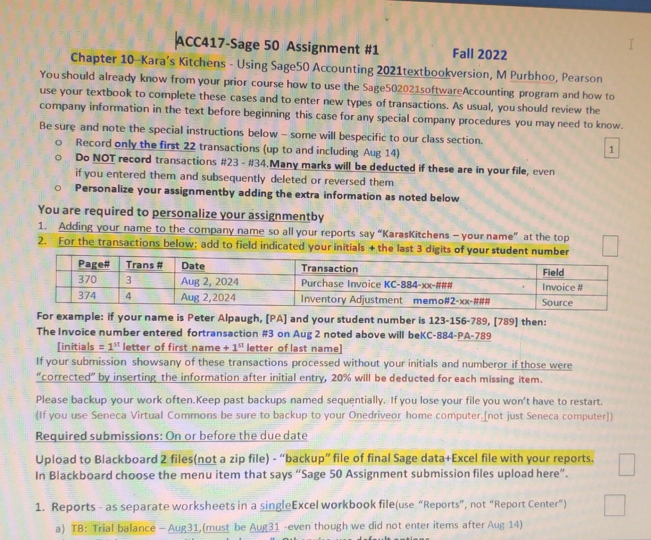 ACC417-Sage 50 Assignment #1 Fall 2022 Chapter 10-Kara's Kitchens - Using
