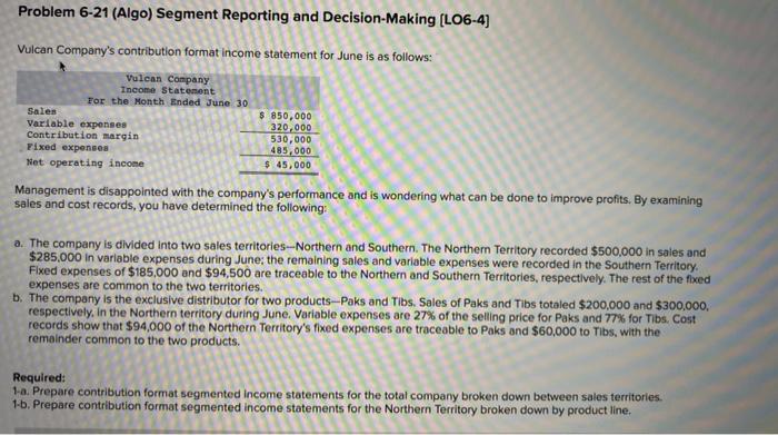  Problem 6-21 (Algo) Segment Reporting and Decision-Making [LO6-4] Vulcan Company's contribution