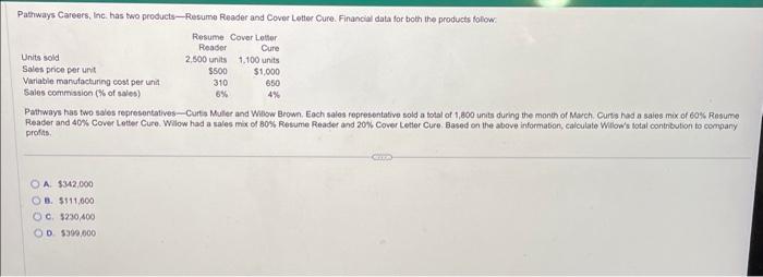 Pathways has two sales representatives-Curts Muler and Wilow Brown. Eoch salos