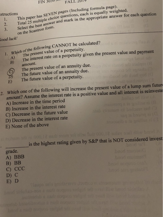  FIN 3030" FALL 2019 structions 1. This paper has SEVEN pages
