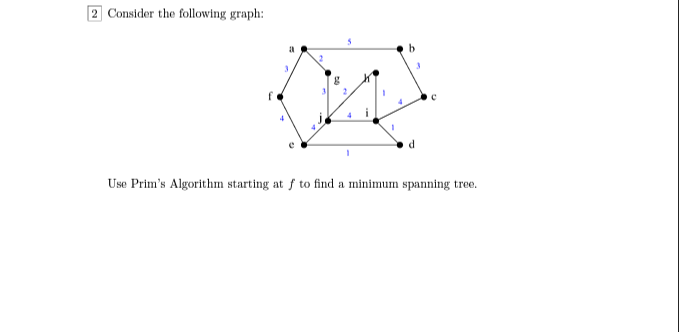  2. Consider the following graph: Use Prim's Algorithm starting at f