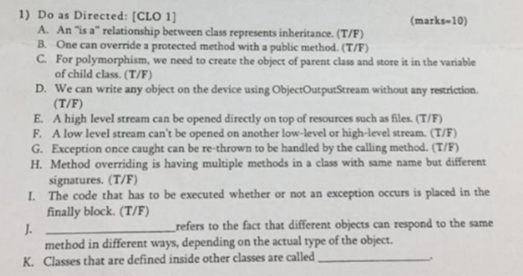  solve this true and false correctly please in java 1) Do