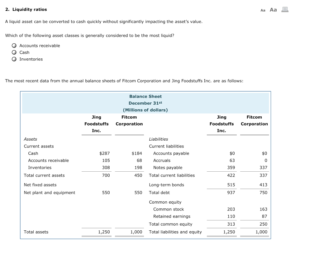 2. Liquidity ratios Aa Aa E A liquid asset can be