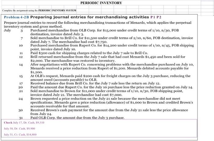  7 10 11 12 14 PERIODIC INVENTORY Complete the assignment using