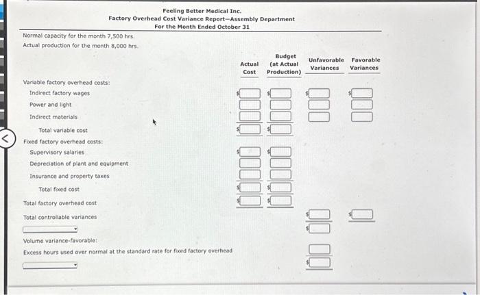 question. Factory Overthead Cost Vanance Report Feeling Better Medical Inc., a manufacturer