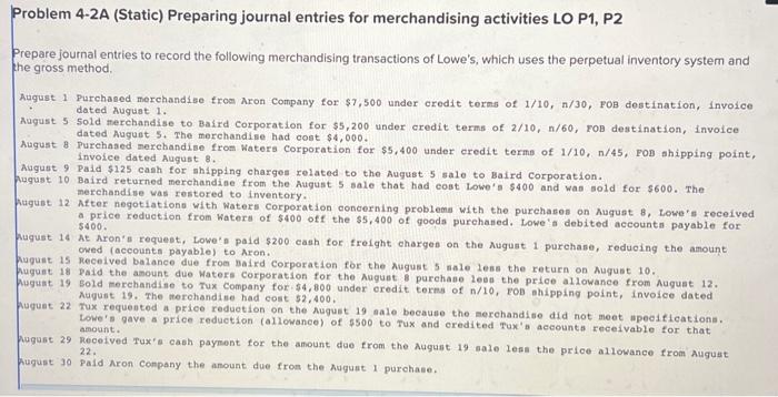  Problem 4-2A (Static) Preparing journal entries for merchandising activities LO P1,