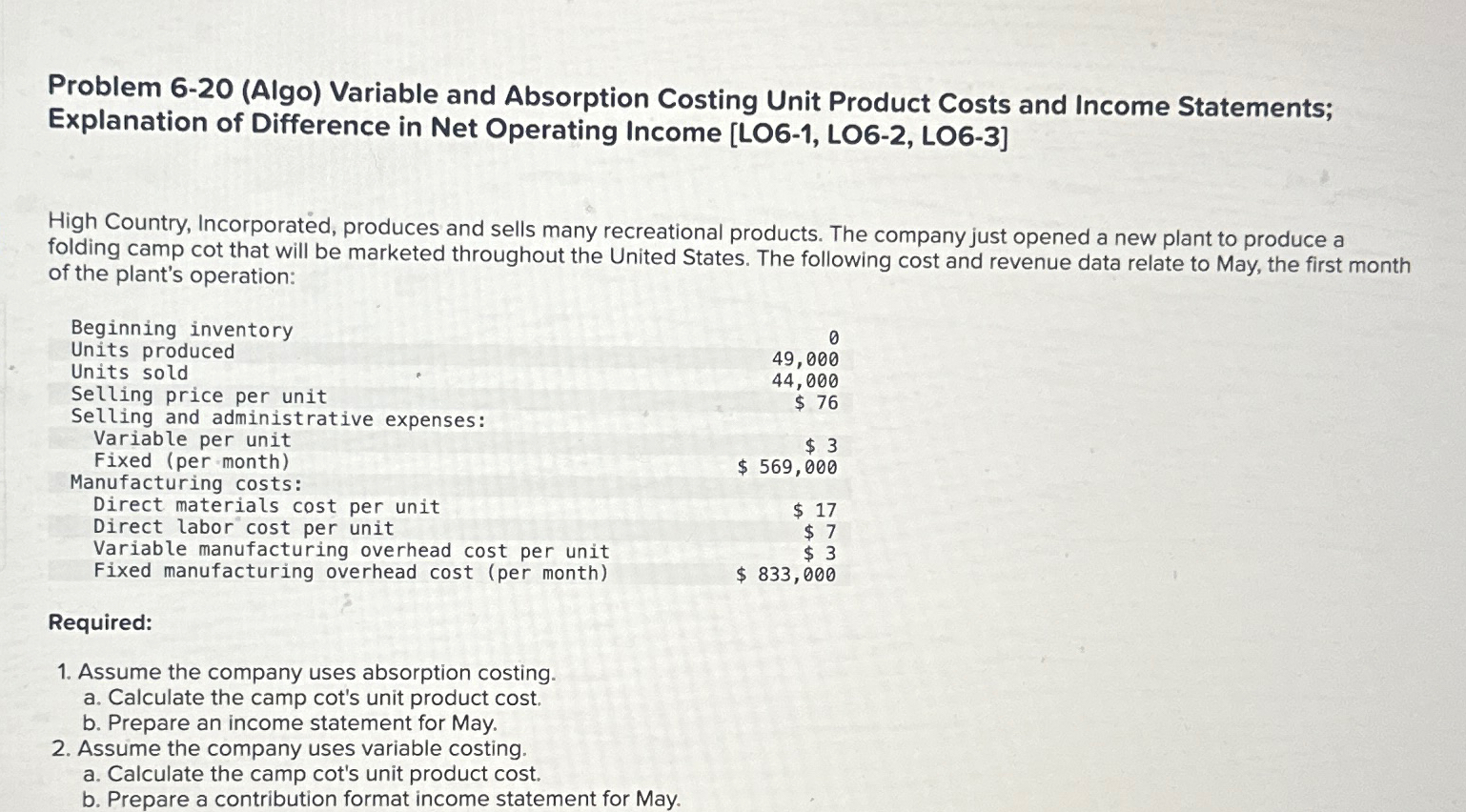  Problem 6-20(Algo) Variable and Absorption Costing Unit Product Costs and Income