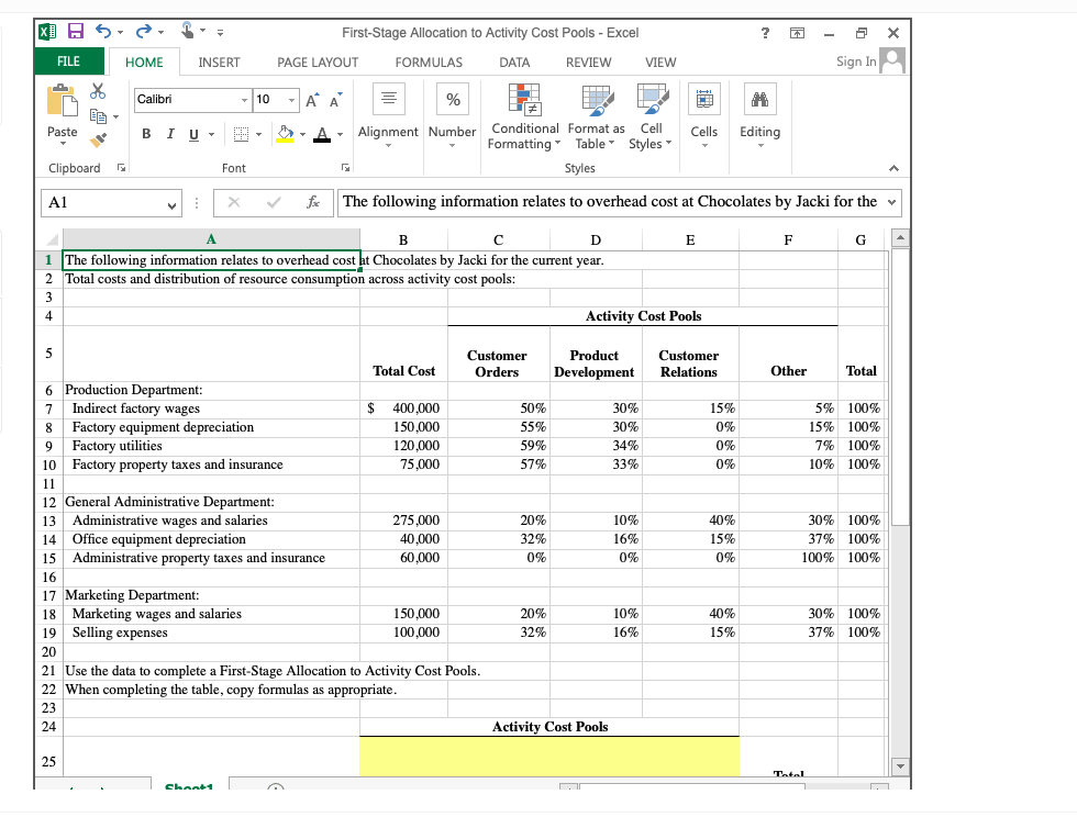  ? First-Stage Allocation to Activity Cost Pools - Excel PAGE LAYOUT