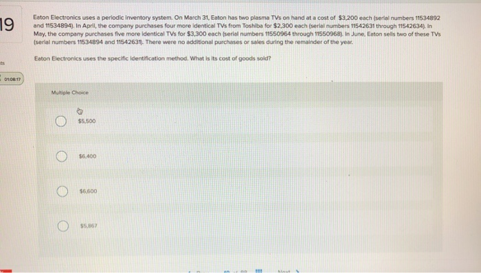  19 Eaton Electronics uses a periodic Inventory system. On March 31,