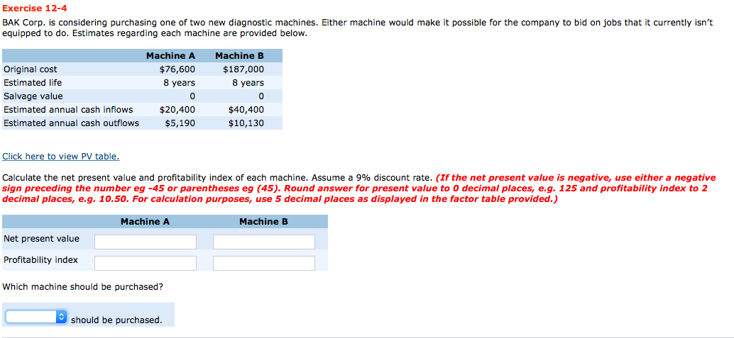 1.2.3. Exercise 12-4 BAK Corp. is considering purchasing one of two new