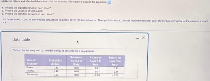  Expected return and standard deviation. Use the following information to answor