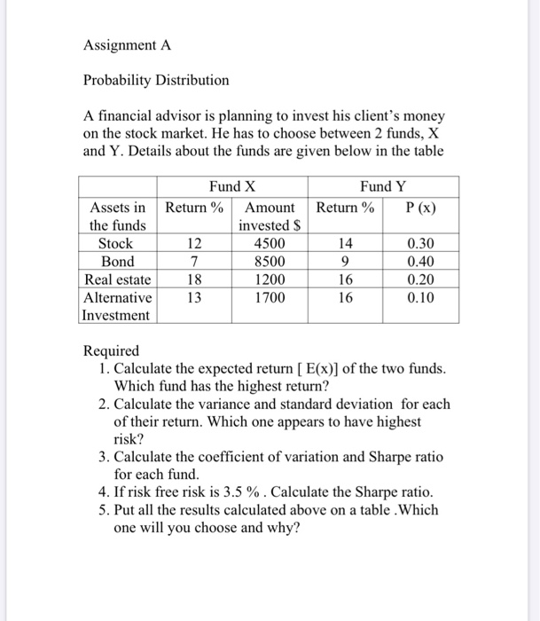  Assignment A Probability Distribution A financial advisor is planning to invest
