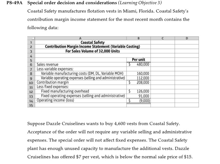  P8-49A Special order decision and considerations (Learning Objective 3,) Coastal Safety