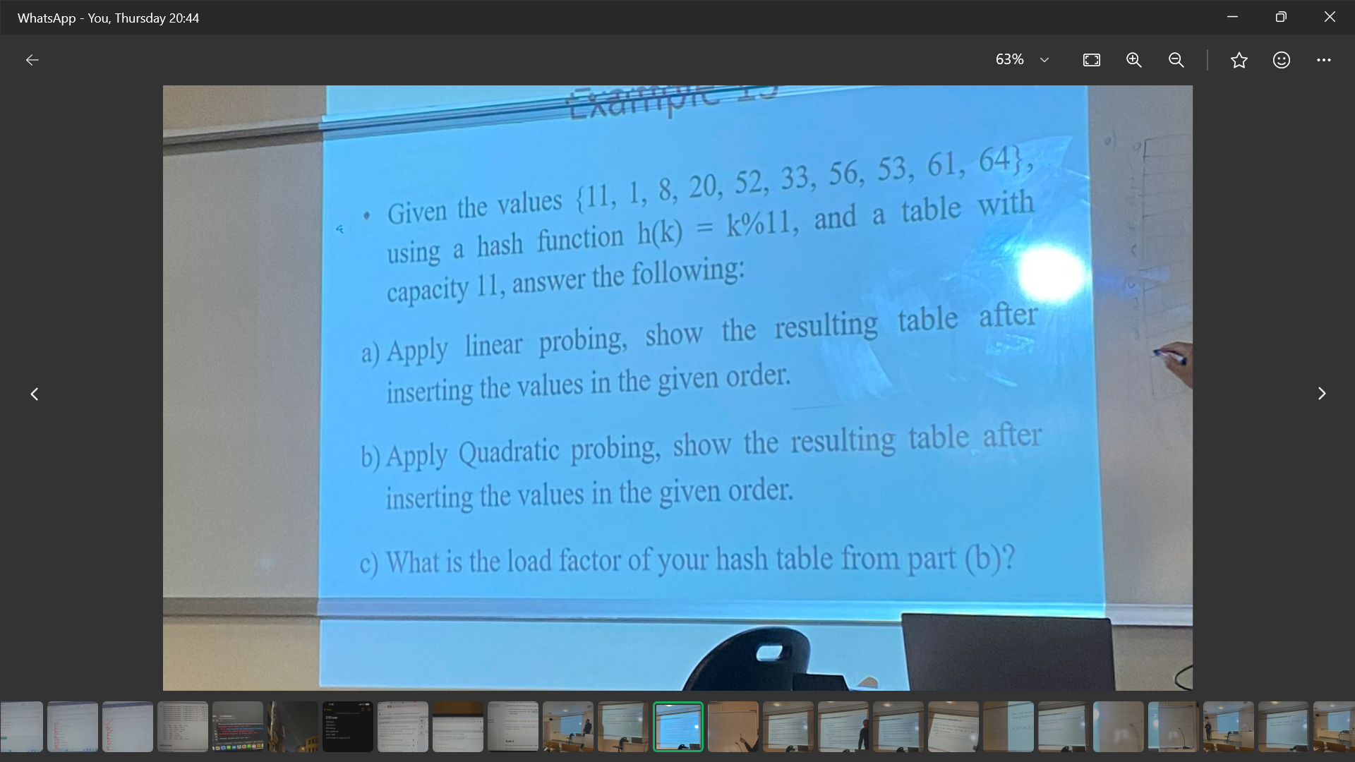  Given the values {11,1,8,20,52,33,56,53,61,64}, using a hash function h(k)=k%11, and a