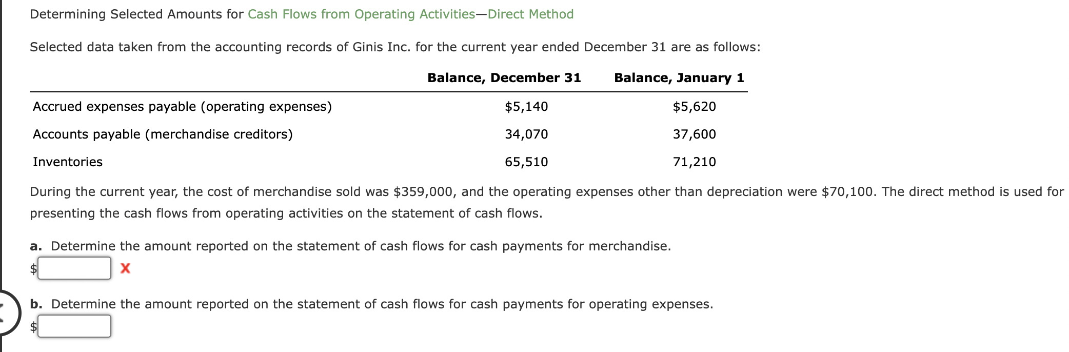  Determining Selected Amounts for Cash Flows from Operating Activities-Direct Method Selected