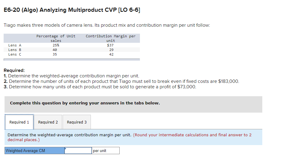  E6-20 (Algo) Analyzing Multiproduct CVP [LO 6-6] Tiago makes three models
