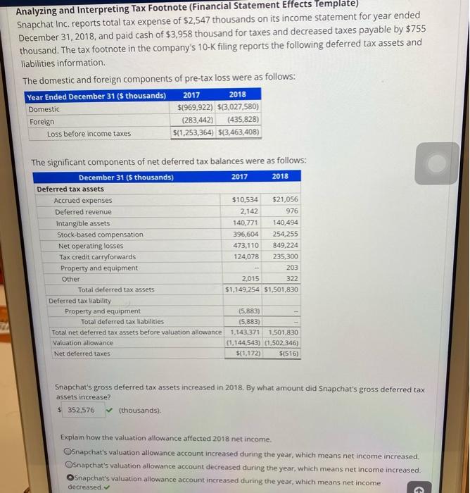  help please Analyzing and Interpreting Tax Footnote (Financial Statement Effects Template)
