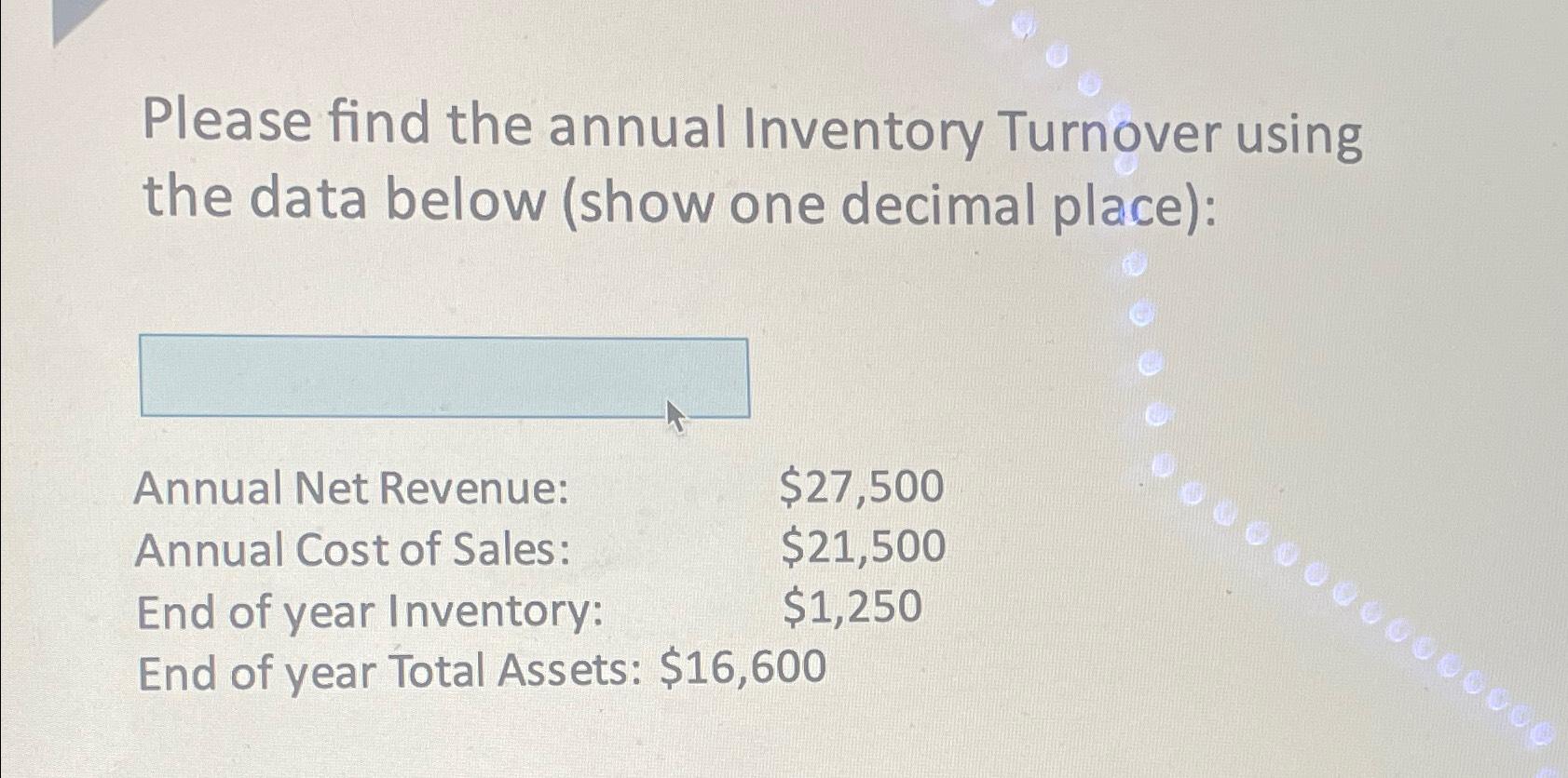  Please find the annual Inventory Turnover using the data below (show