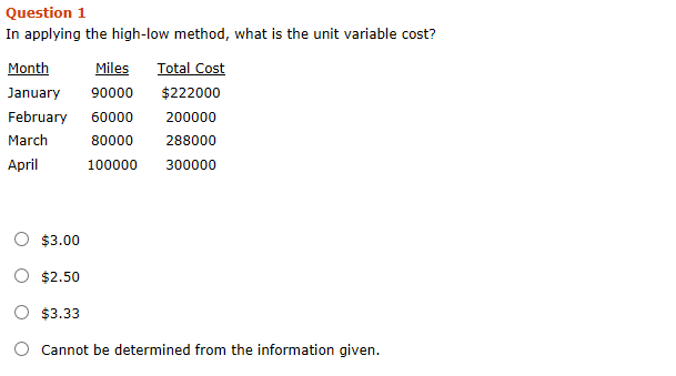 Question 1 In applying the high-low method, what is the unit