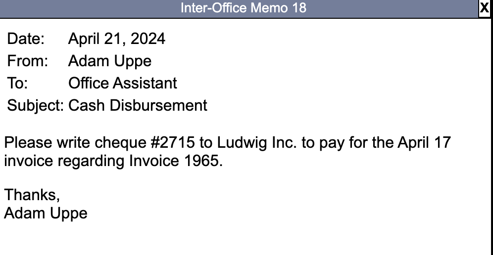 1965. Thanks, Adam Uppe Deposit slip (April 25) Bentley Inc. 1028626 Street
