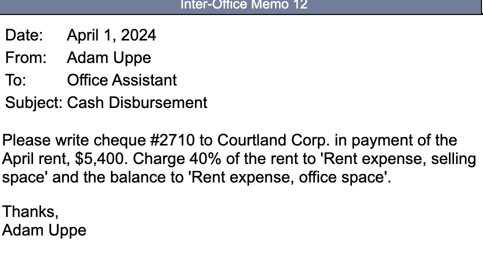 expense, office space'. Thanks, Adam Uppe Invoice 6356 Bentley Inc. 1028626 Street