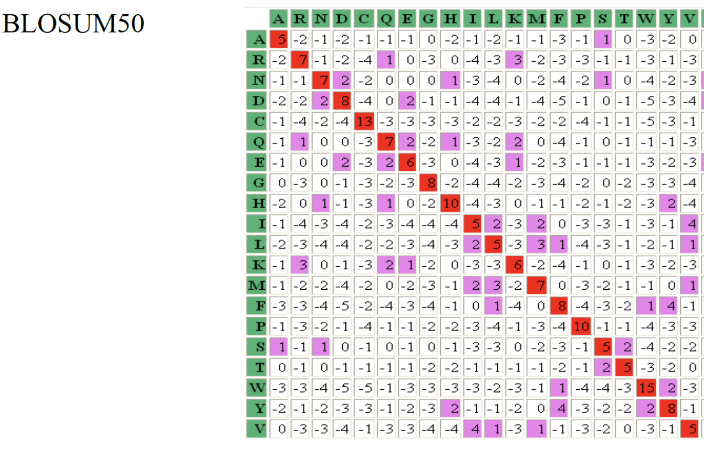  BLOSUM50 1. Use Needleman-Wunsch algorithm to align the following two sequences,