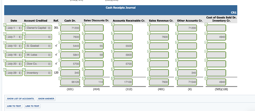 112 Accounts Receivable 401 Sales Revenue 120 Inventory 414 Sales Discounts 126