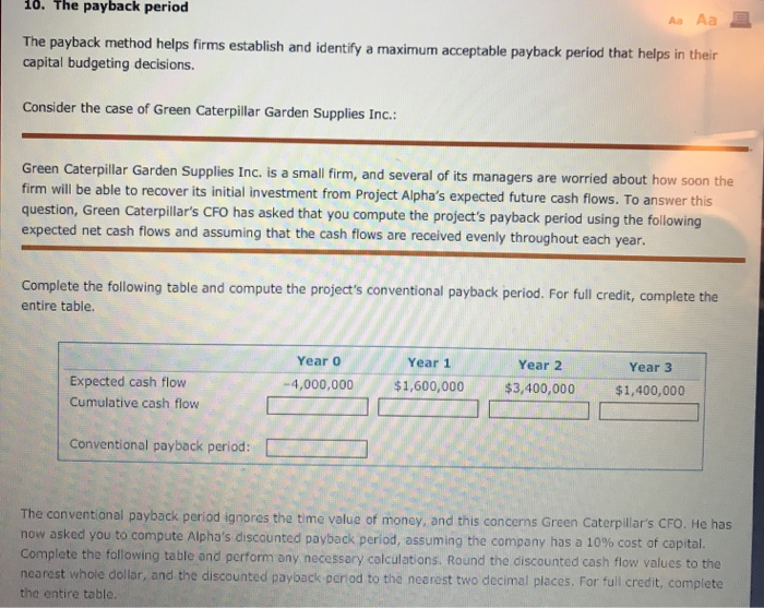  1o. The payback period Aa Aa The payback method hel capital