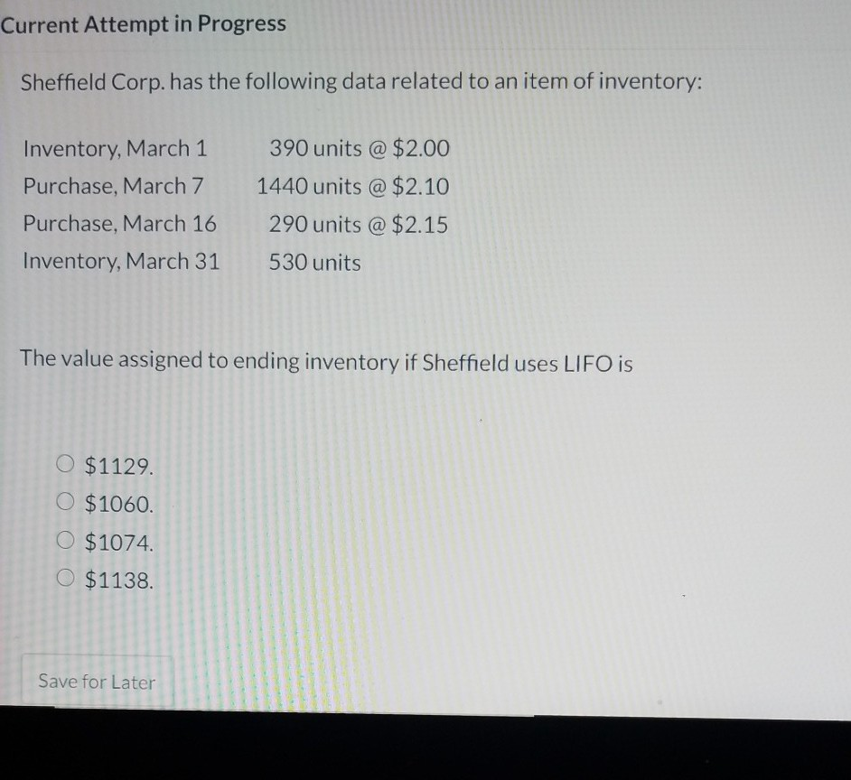  Current Attempt in Progress Sheffield Corp. has the following data related