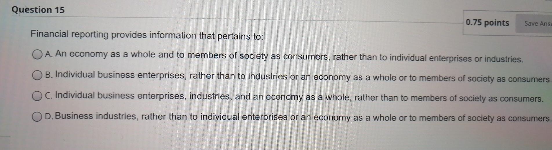 Question 15 0.75 points Save Ansi Financial reporting provides information that