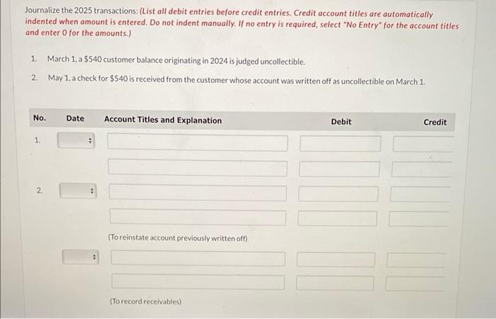 bad debts at December 31, 2024. (List debit entry before credit entry.