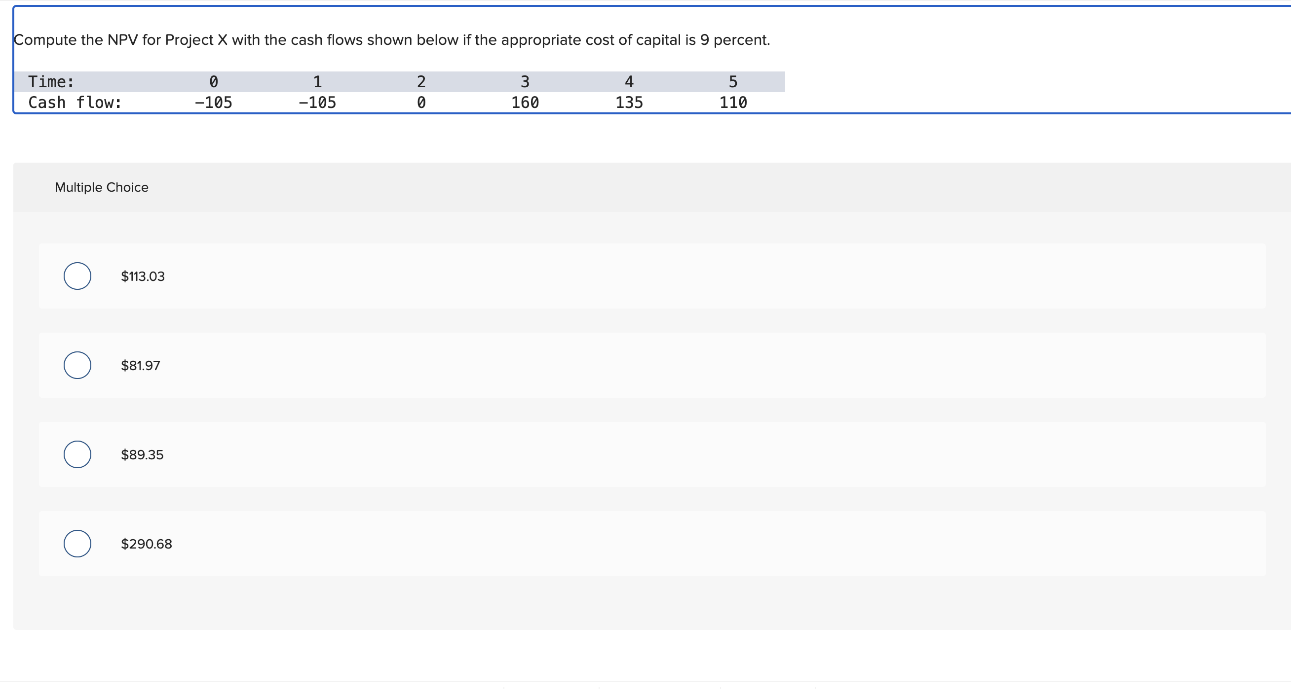  Compute the NPV for Project x with the cash flows shown