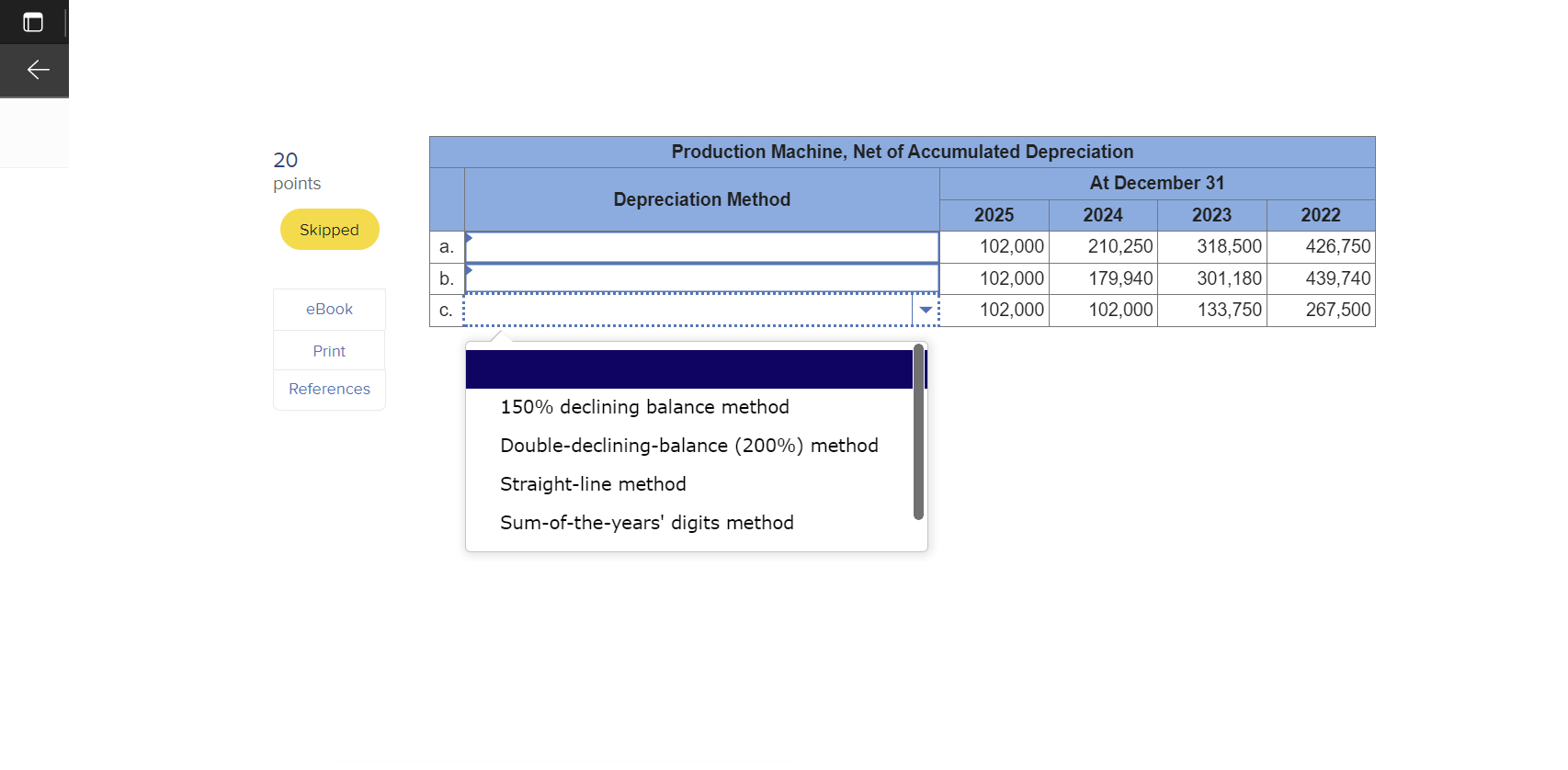  150% declining balance method Double-declining-balance (200\%) method Straight-line method Sum-of-the-years' digits