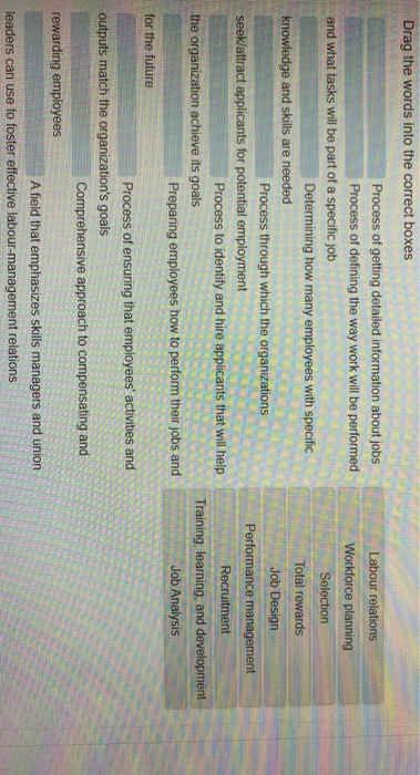  Labour relations Workforce planning Selection Total rewards Drag the words into