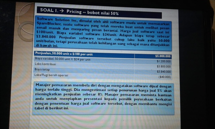  SOAL I. Pricing -- bobot nilai 50% Software Solution Inc, dimulai