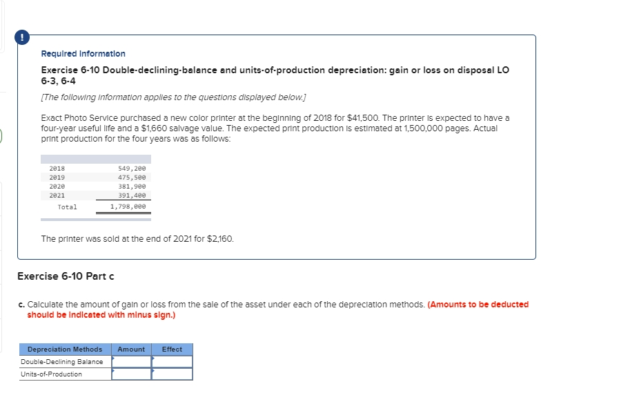Required Information Exercise 6-10 Double-declining balance and units-of-production depreciation: gain or