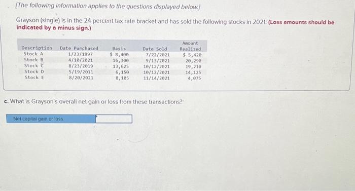 the questions displayed below.] Grayson (single) is in the 24 percent tax