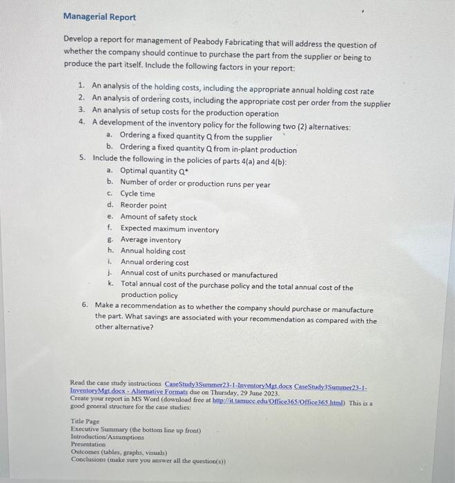 Inventory Management - Peabody Fabricating Company Your answers to these case studies