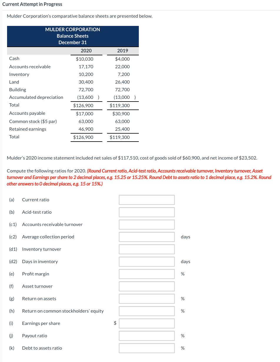  Current Attempt in Progress Mulder Corporation's comparative balance sheets are presented