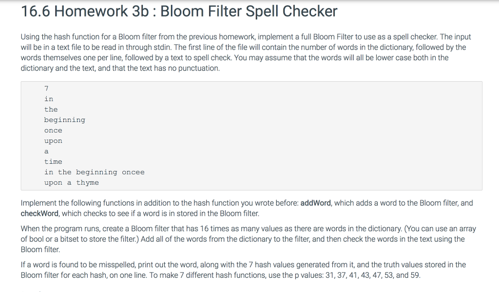  16.6 Homework 3b : Bloom Filter Spell Checker Using the hash