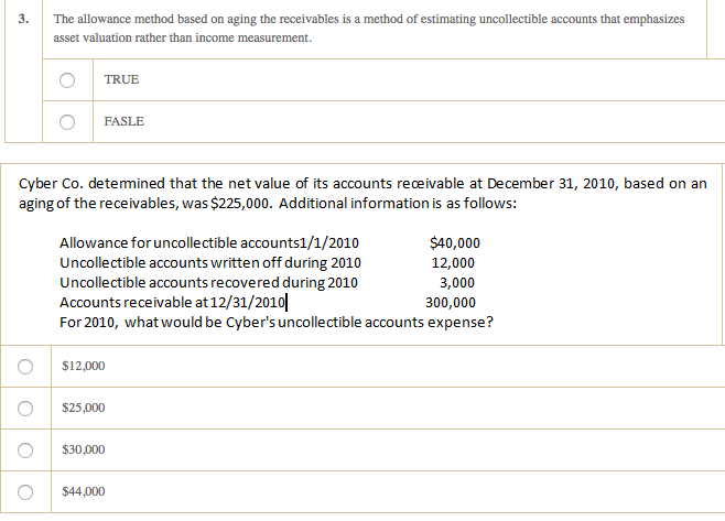  3. The allowance method based on aging the receivables is a