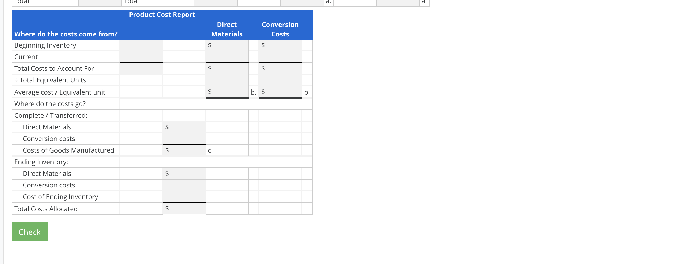 Product cost Report-Weighted Average Method The following data (and annotations) are for