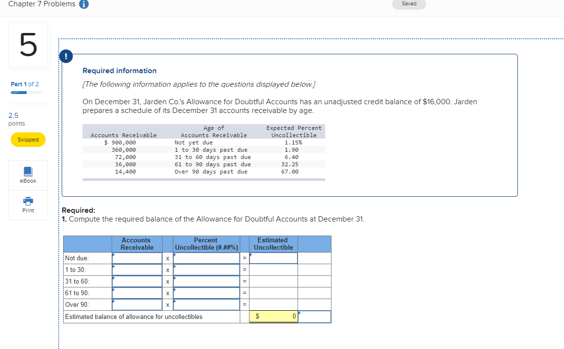 Chapter 7 Problems i Saved Required information [The following information applies