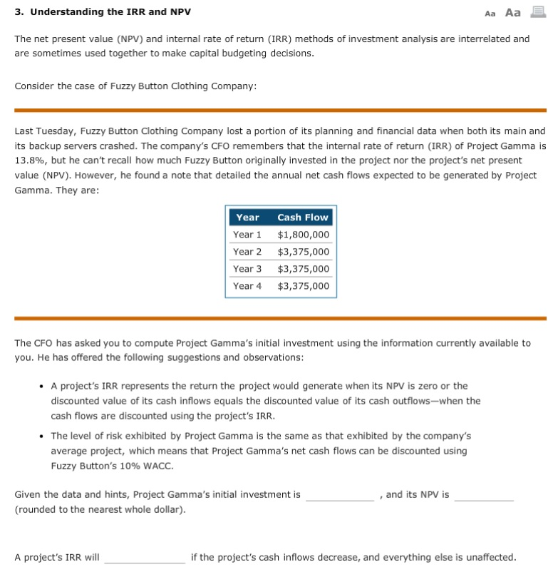 3. Understanding the IRR and NPV Aa Aa E The net