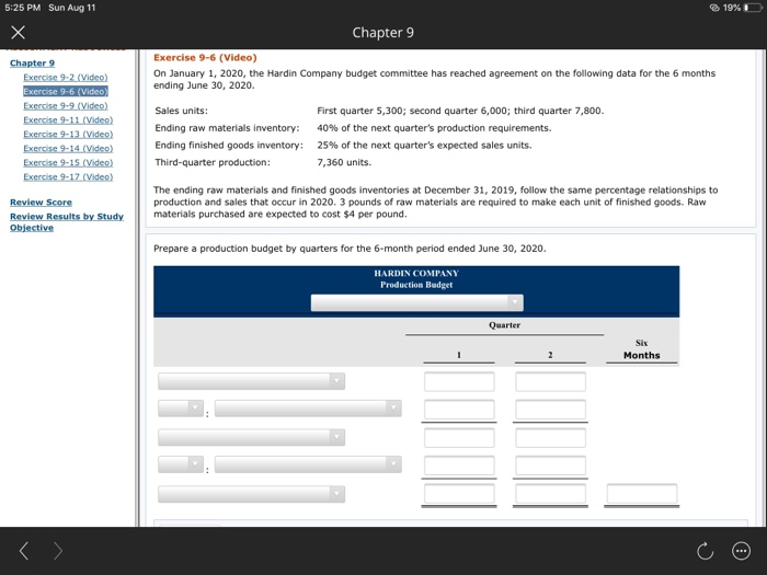  5:25 PM Sun Aug 11 19%D Chapter 9 Exercise 9-6 (Video)