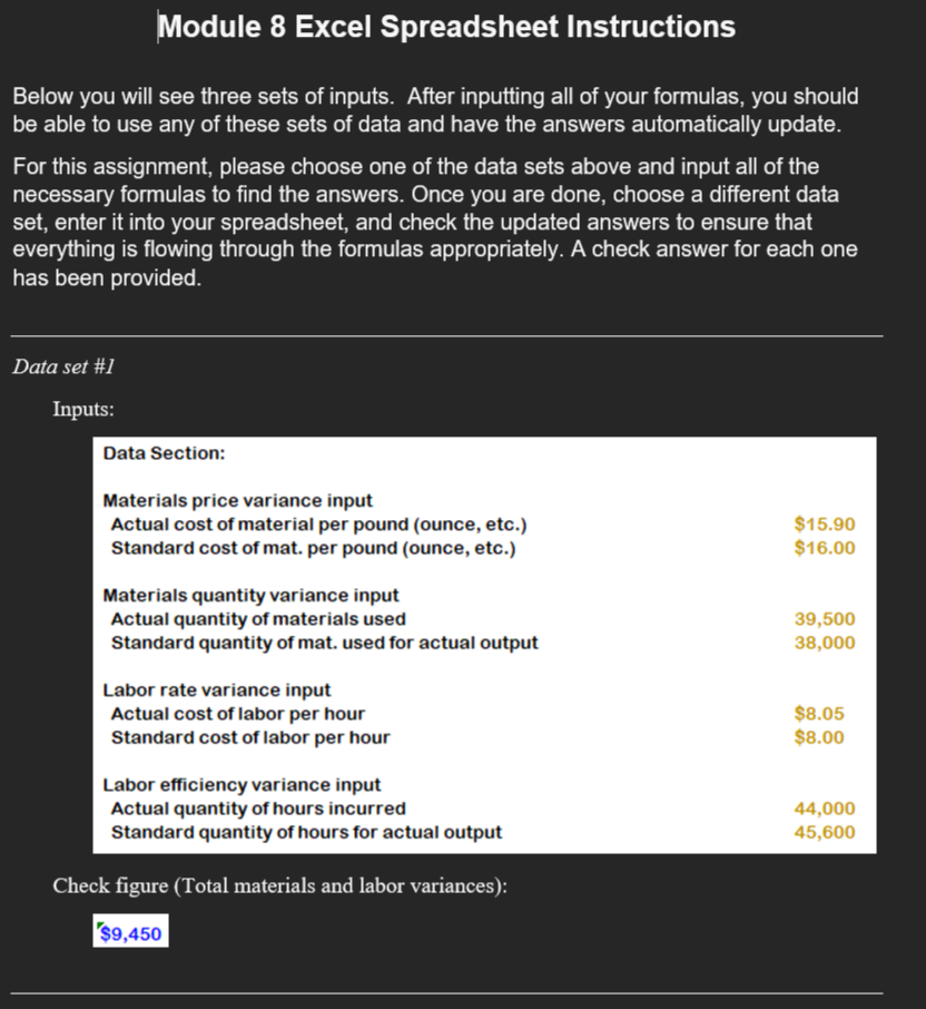  Module 8 Excel Spreadsheet Instructions Below you will see three sets