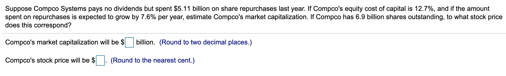  Suppose Compco Systems pays no dividends but spent $5.11 billion on