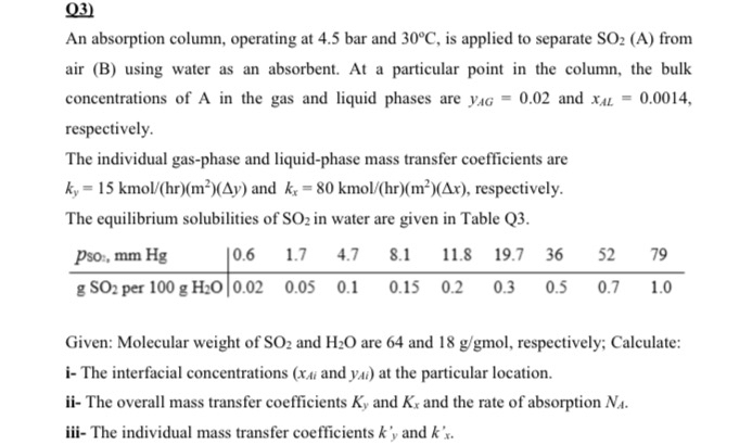  Q3) An absorption column, operating at 4.5 bar and 30C, is