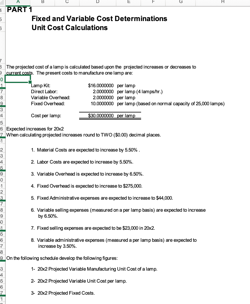 Unit Cost 20x1 Cost Projected Percent Increase 20x2 Cost Rounded to 2